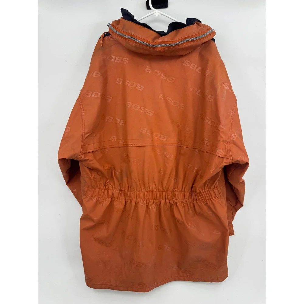 Vintage BOSS Anorak Jacket Mens XXL Orange Navy Blue Logo Print Windbreaker Hood